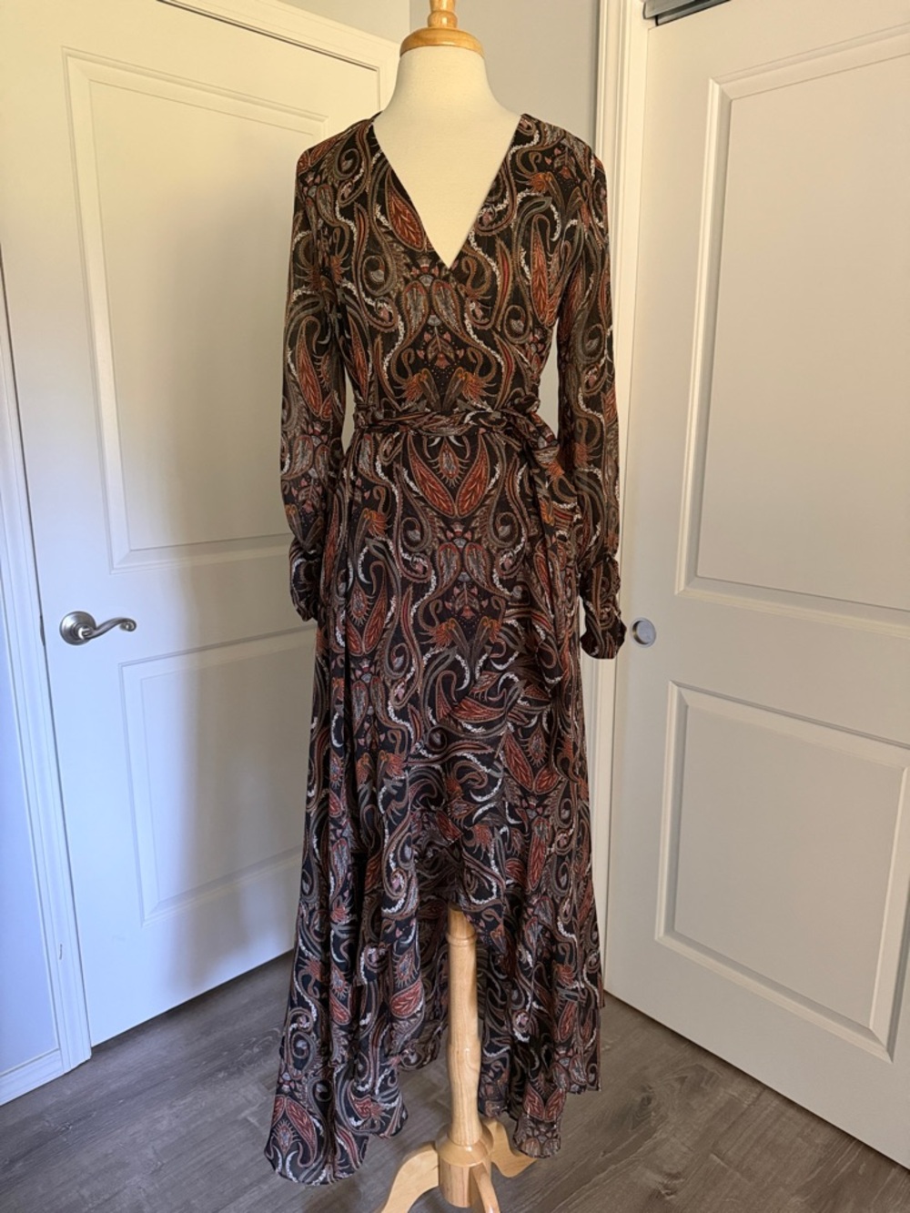 MISA Los Angeles Bohemian Paisley Wrap Maxi Dress in Black and Brown